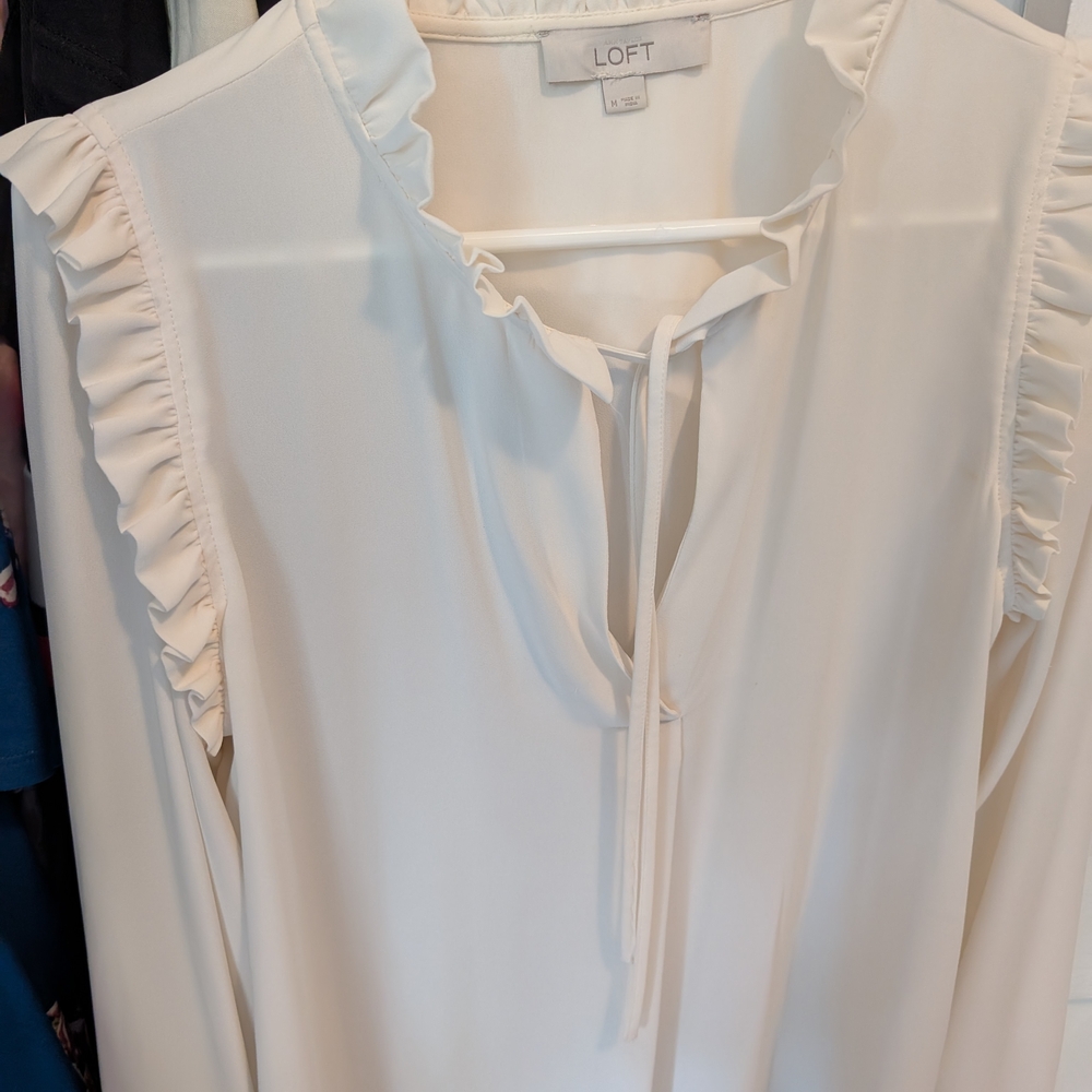 LOFT Ivory Ruffle Trim Blouse